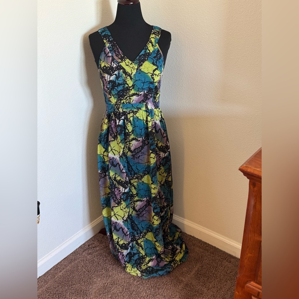 2 FOR $20 H&M Green Blue Floral Maxi Dress Sleeveless Lace Back Multi Color 6 - Picture 2 of 14